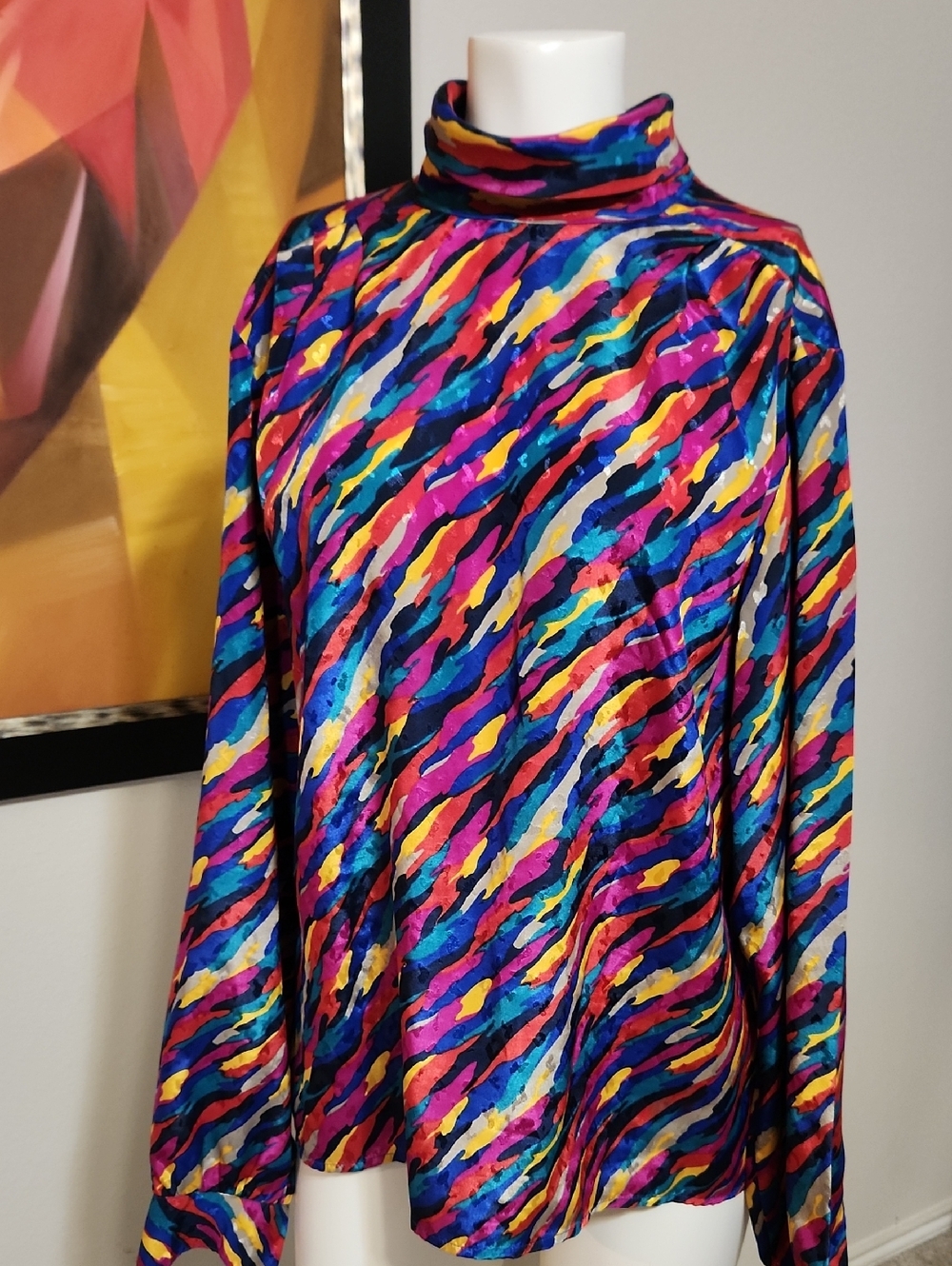 Notations Multicolor Abstract Stripe Mock Neck Blouse